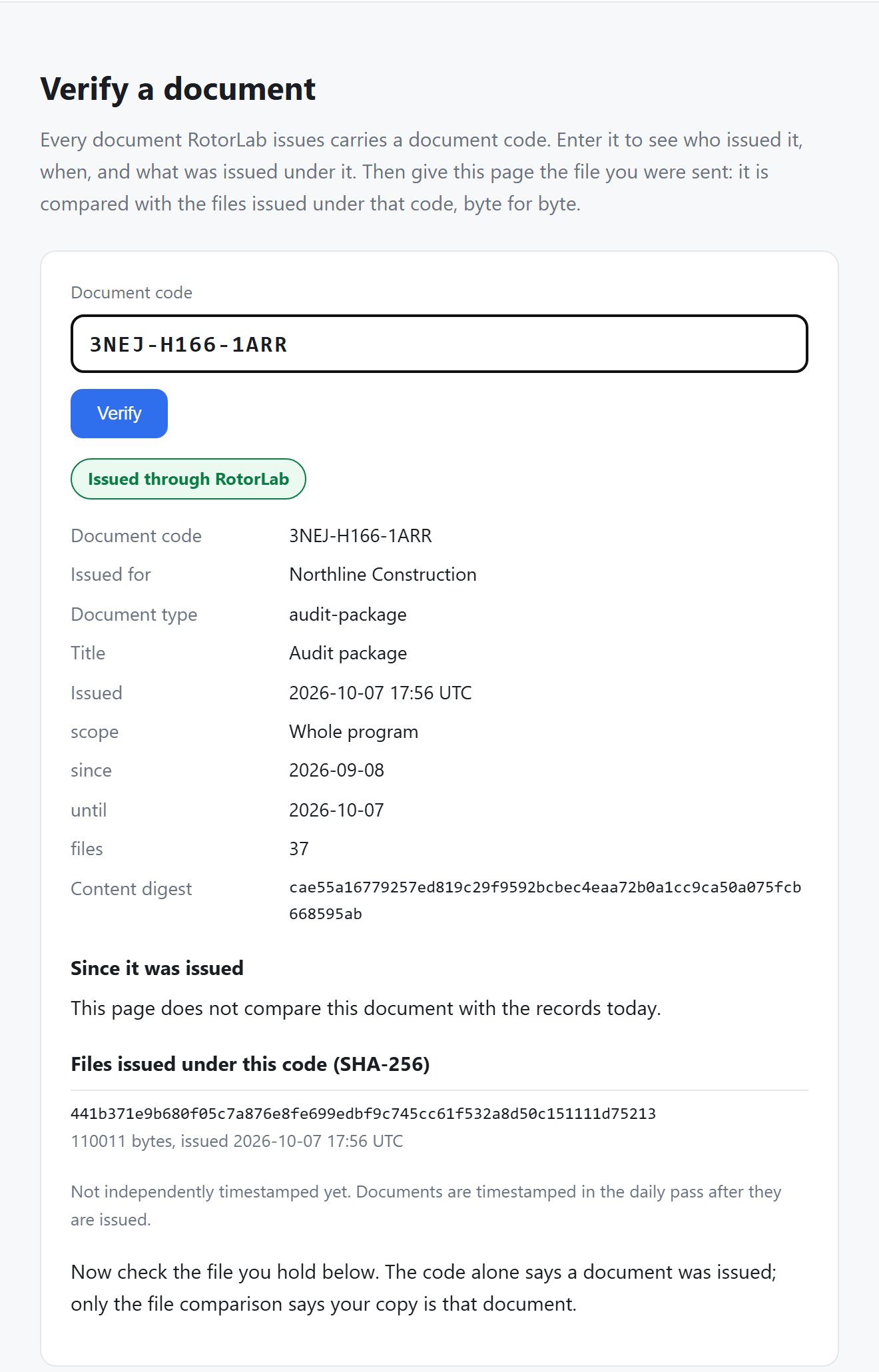 The public check of a RotorLab document code: issued through RotorLab, the organization, the files under the code and their SHA-256