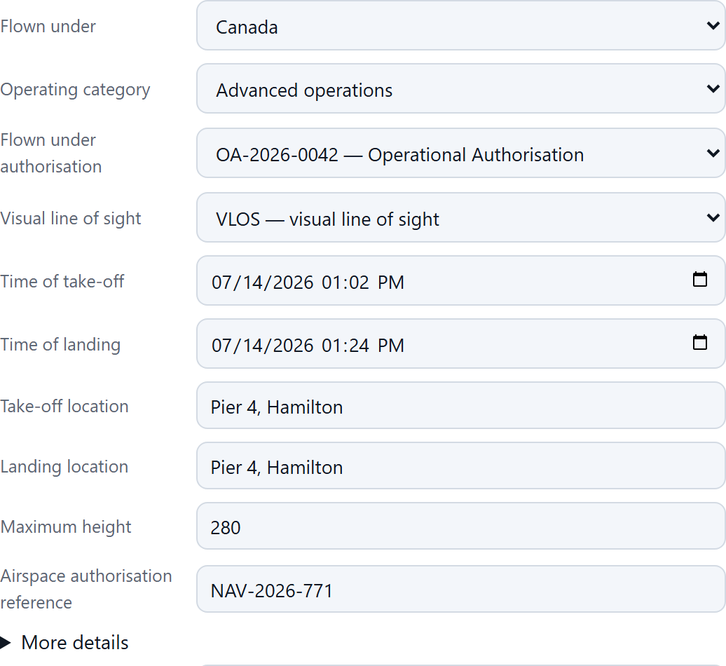 The same RotorLab flight record for a flight flown in Canada, now asking for take-off and landing times and locations and the Advanced operations category.