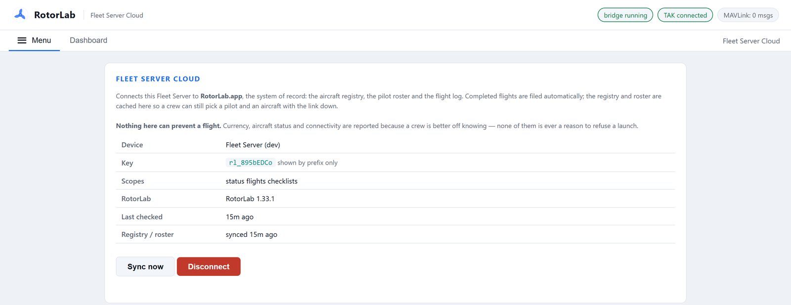 The Fleet Server Cloud screen: connected to RotorLab.app, showing the device key by prefix only, the scopes it holds, the RotorLab version and when the registry and roster last synced.