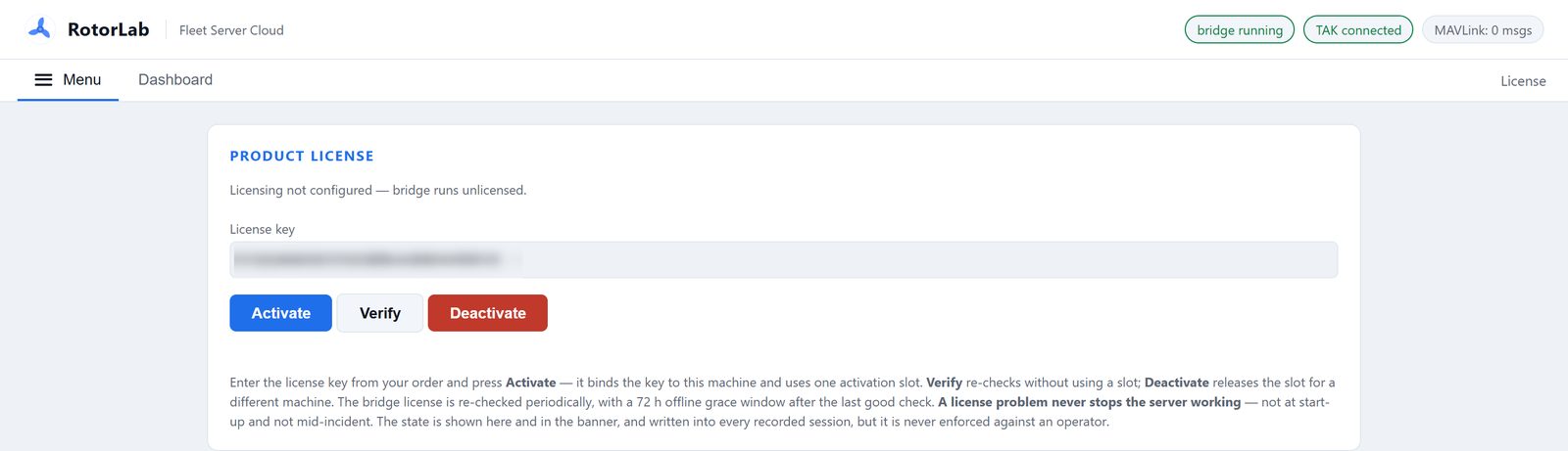 The product licence screen: a licence key field with Activate, Verify and Deactivate, and a note that a licence problem never stops the server working.