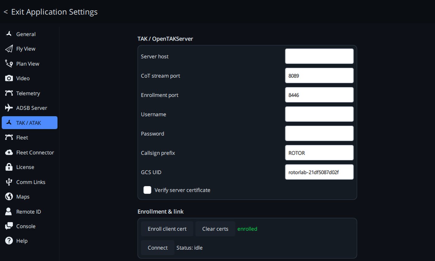 The TAK / ATAK settings page in RotorLab GC: server host, CoT stream port, enrollment port, callsign prefix and GCS UID, with a client certificate showing as enrolled.