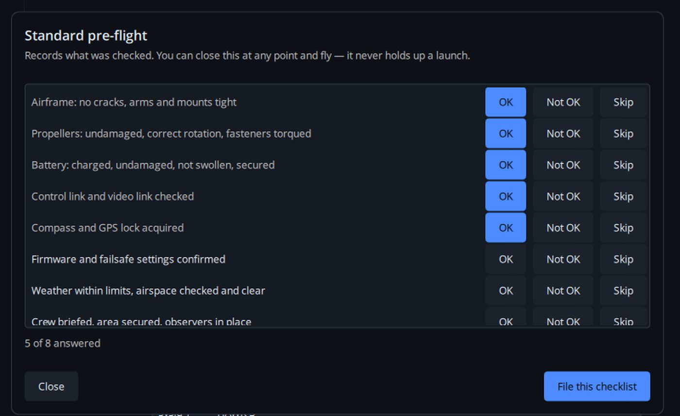 A pre-flight checklist in RotorLab GC, five of eight items answered OK, with Close and File this checklist buttons.