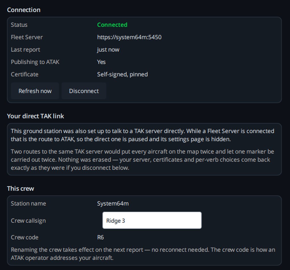 The Fleet Connector screen in RotorLab GC: status Connected to a Fleet Server, publishing to ATAK, with the crew callsign and crew code shown.
