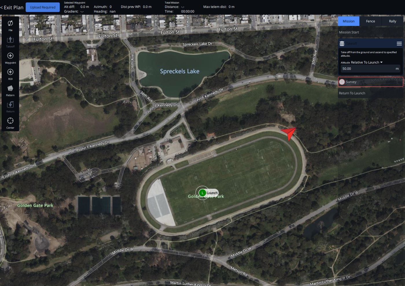 Plan view in RotorLab GC: a takeoff, a survey pattern and a return to launch listed in the mission panel, with the launch point marked on the map.