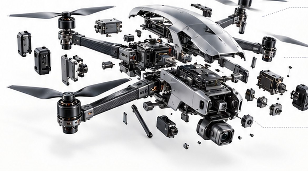 A drone taken apart into its frame, motors, propellers, battery and flight controller
