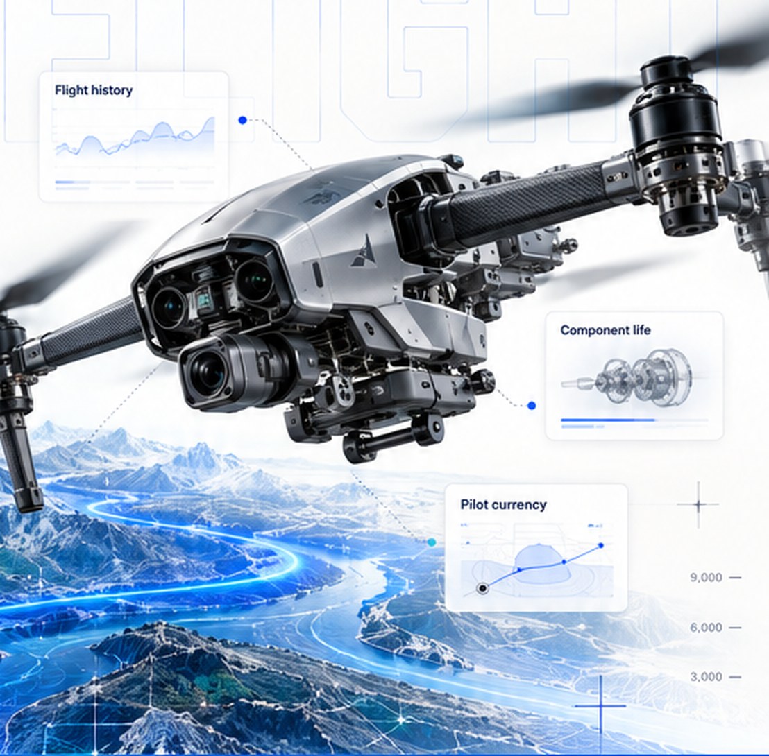 A drone over mountain terrain beside its flight history, component life and pilot currency