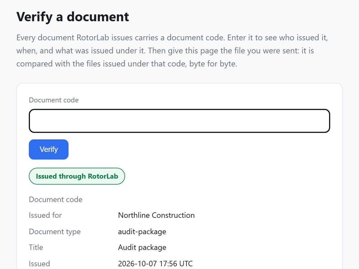 The public check of a RotorLab document code at rotorlab.app/verify