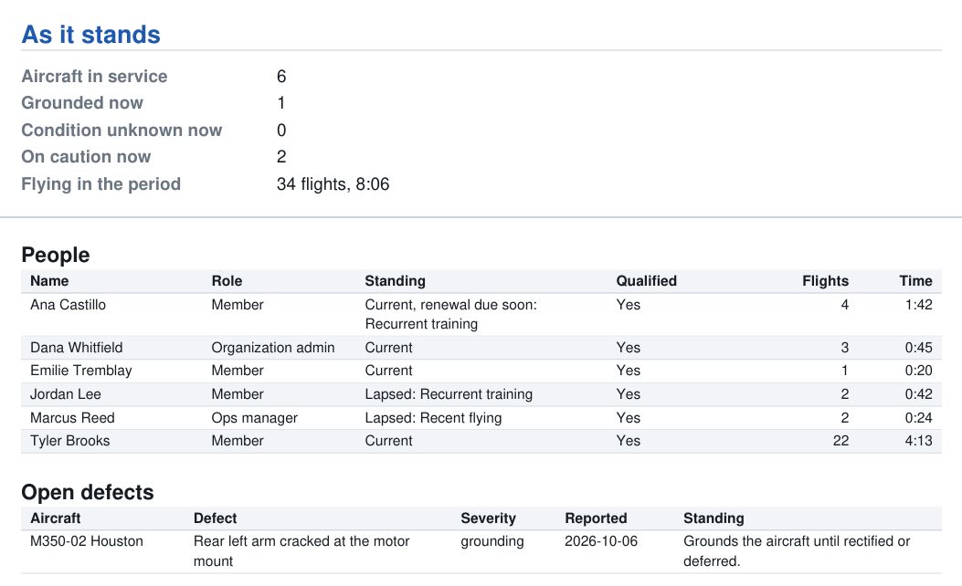 An excerpt of a RotorLab Program Status report: the program as it stands, the people and the open defects