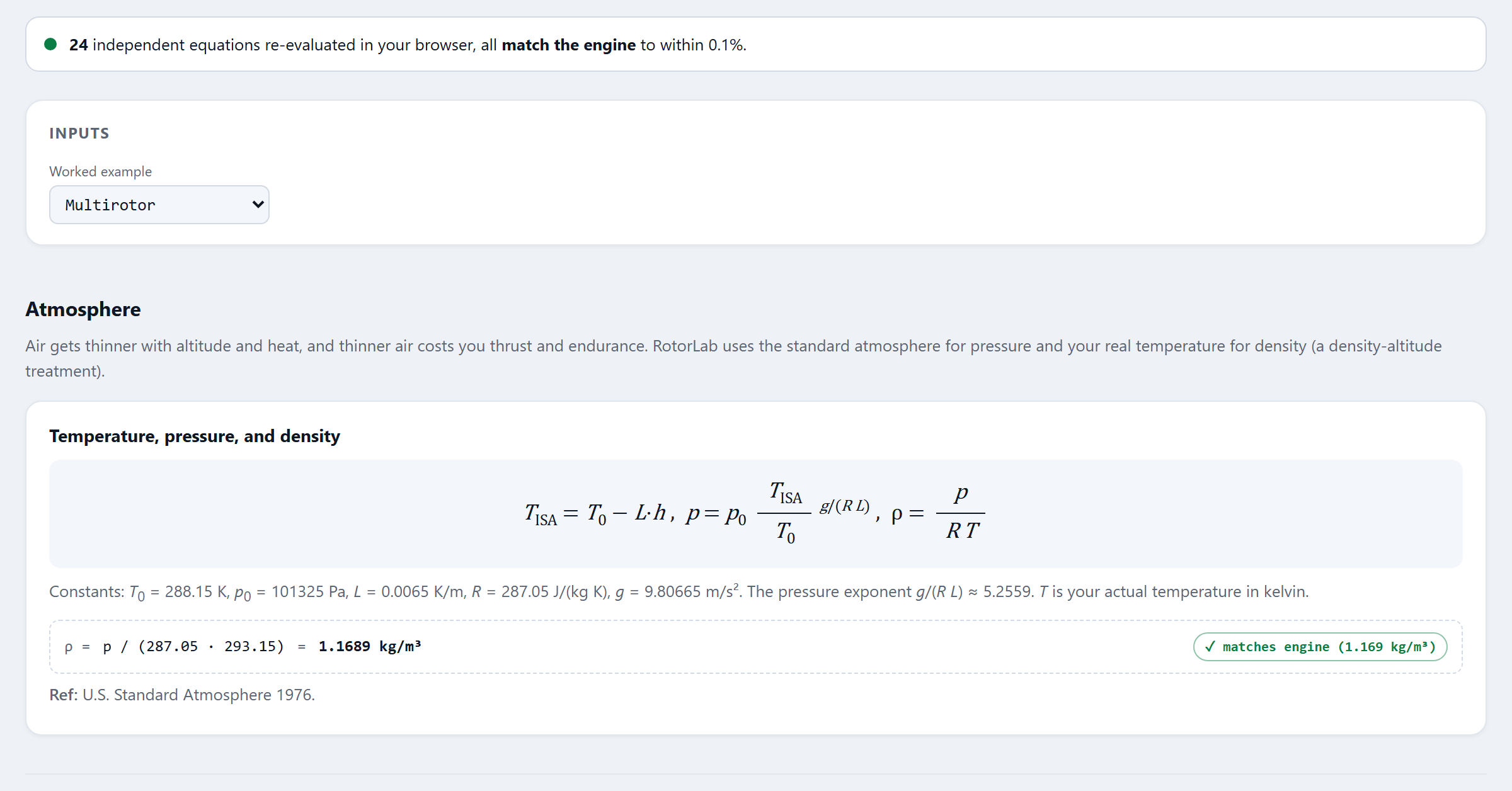 The Math and Validation page re-deriving a hover equation in the browser